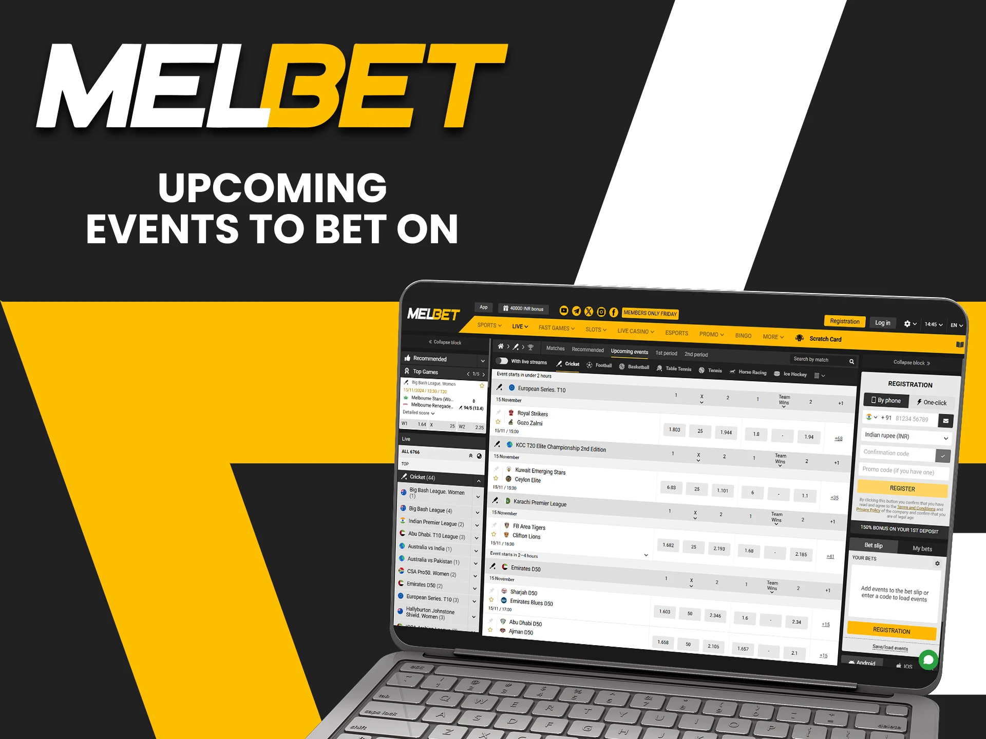 Place bets on upcoming cricket events from Melbet.