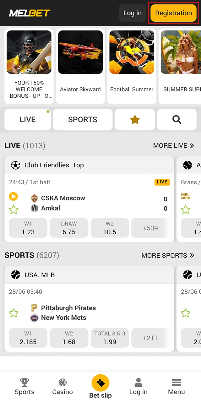 Use the registration button on the Melbet website.