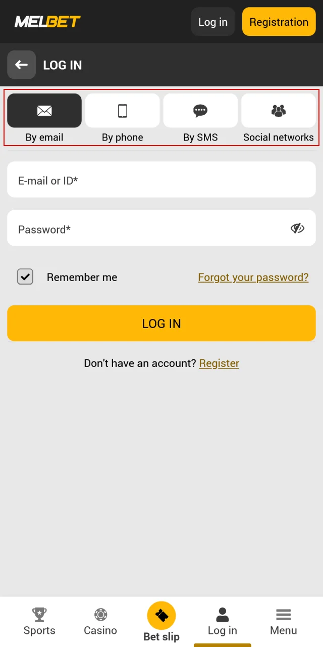 Pick your preferred login method from the options offered by Melbet.