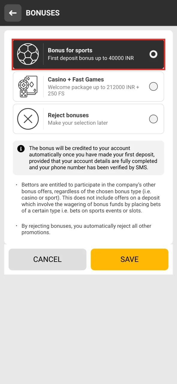 Pick the Melbet bonus you'd like to get.