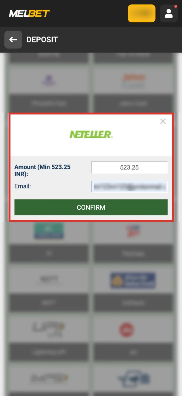 Fill out the form to make a deposit at Melbet.